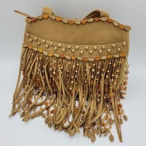 Vintage Elcanti Accessories Boho Beaded Festival Fringe Faux Suede Shoulder Bag